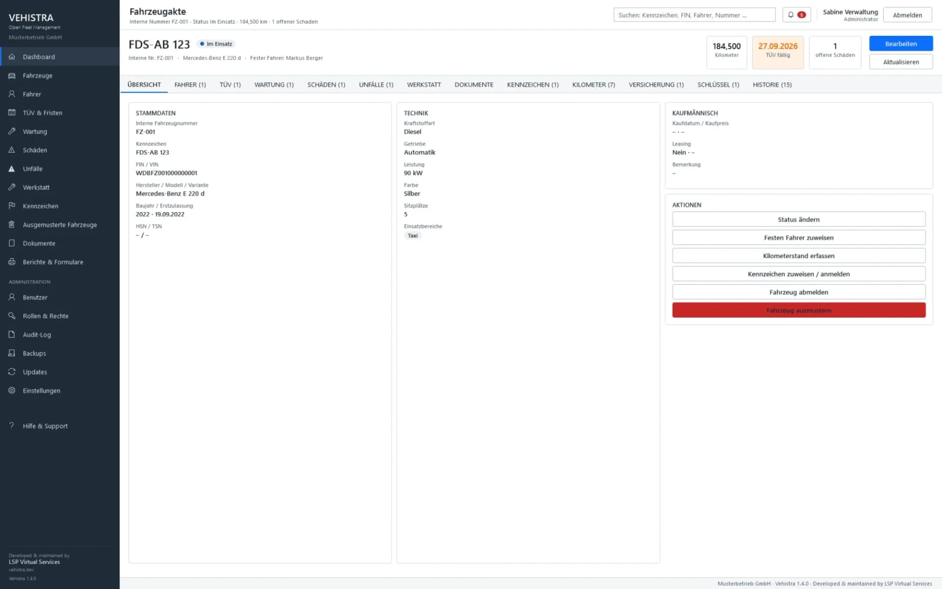 Vehicle record with master data, technical and commercial details and tabs for driver, inspections, maintenance, damages and history