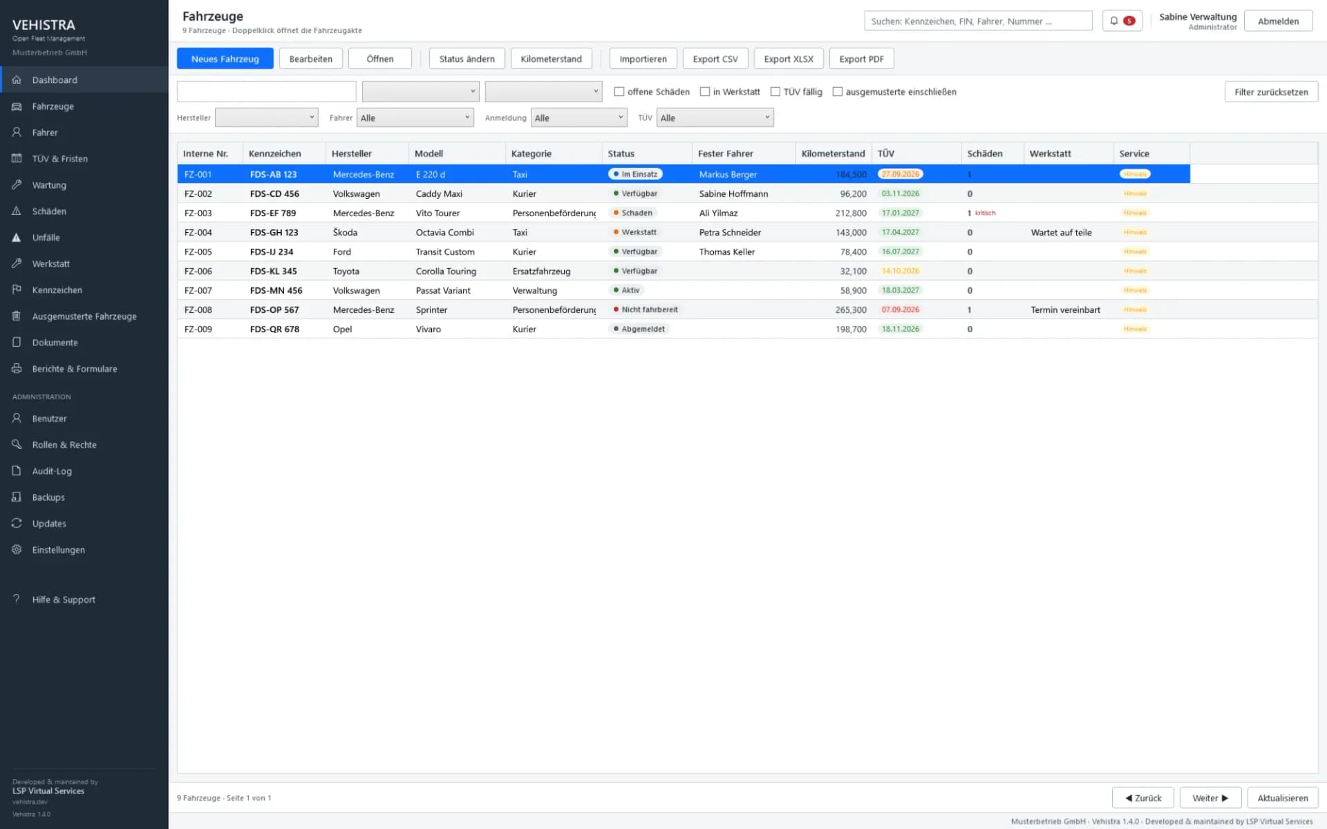 Vehicle list with filters, status, permanent driver, mileage and inspection date per vehicle
