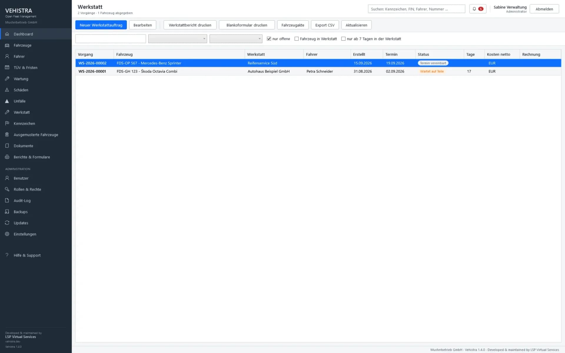 Workshop overview with order number, workshop, date, status and dwell time in days